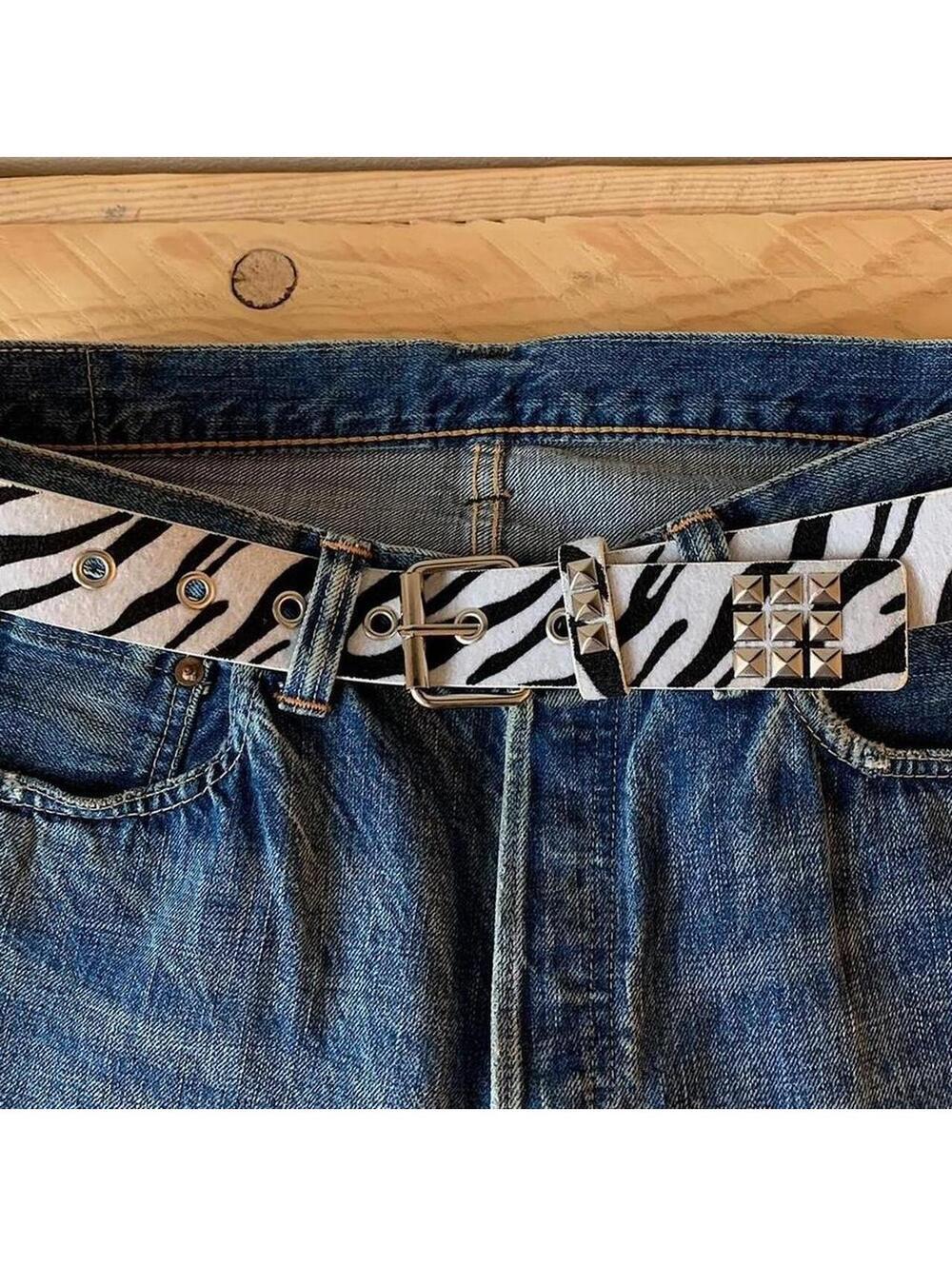 Y2K Cyber 2000s Style Zebra White Fur Studded Silver Belt